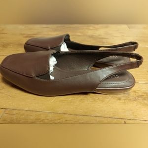 Brown faux leather slingback loafers